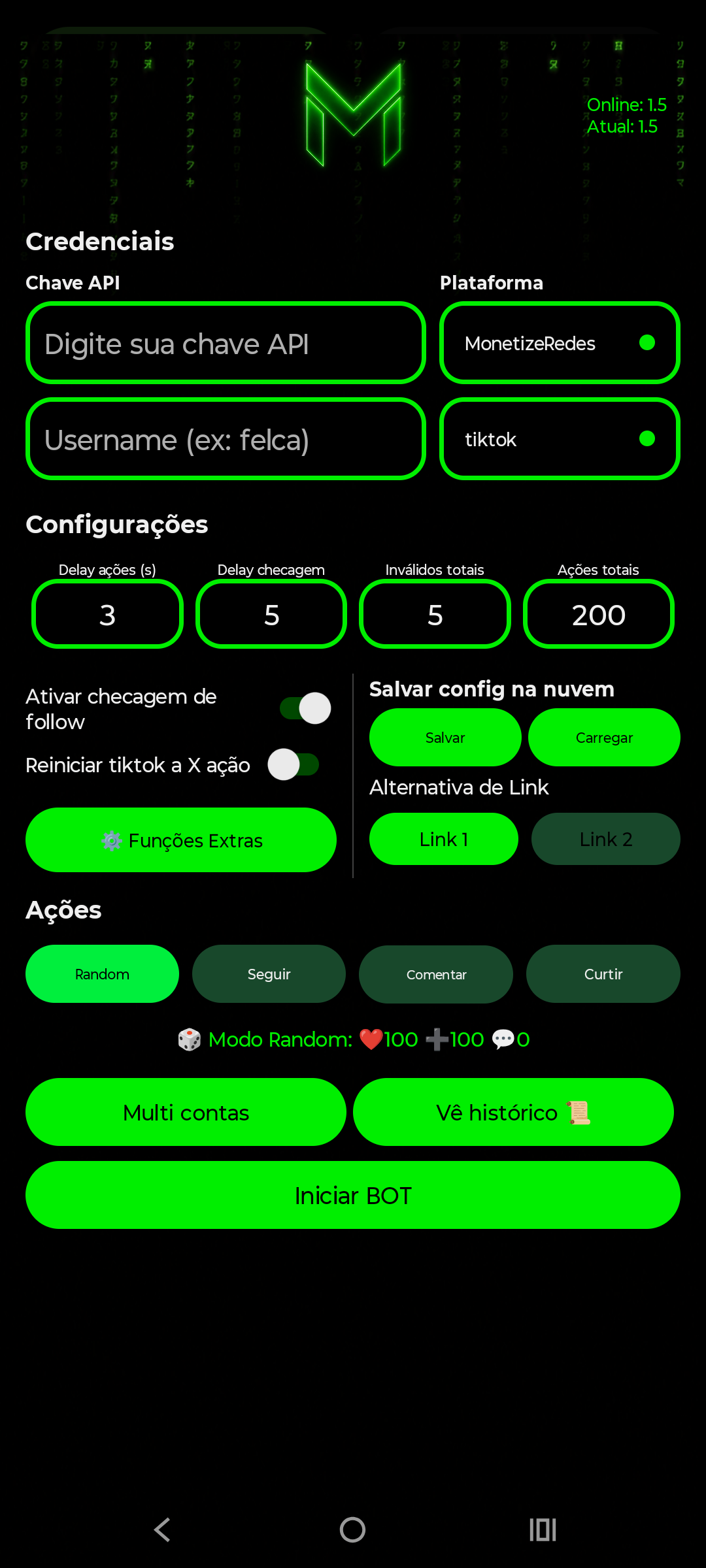 Tela inicial do Matrix Bot