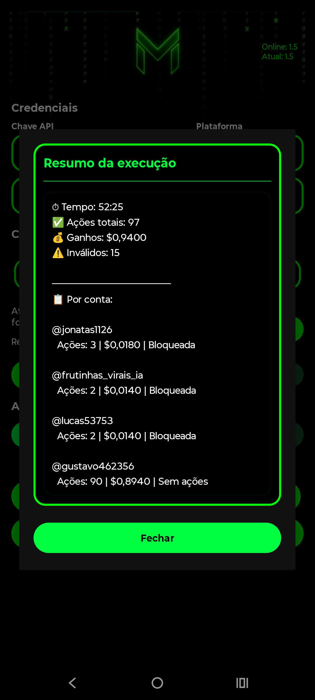 Histórico de execução do Matrix Bot